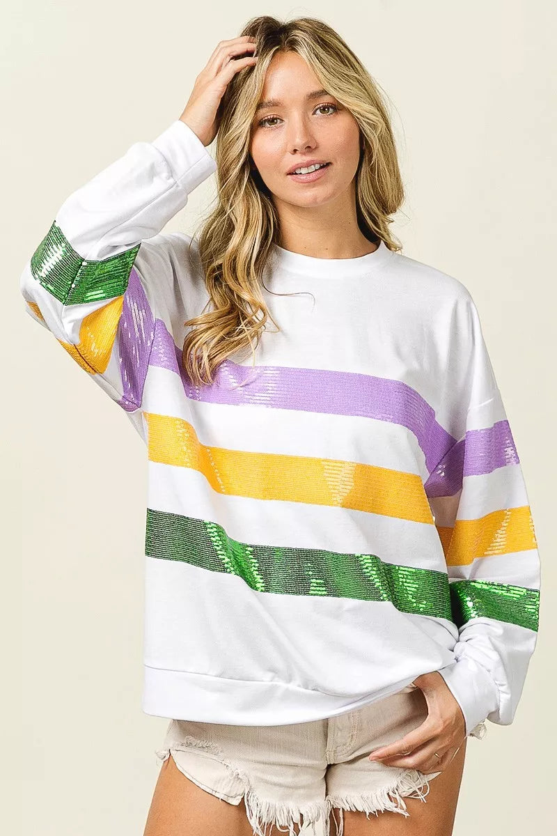 Bibi Sequin Mardi Gras Striped Round Neck Sweatshirt view 8 - Bibi Sequin Sweater (top)