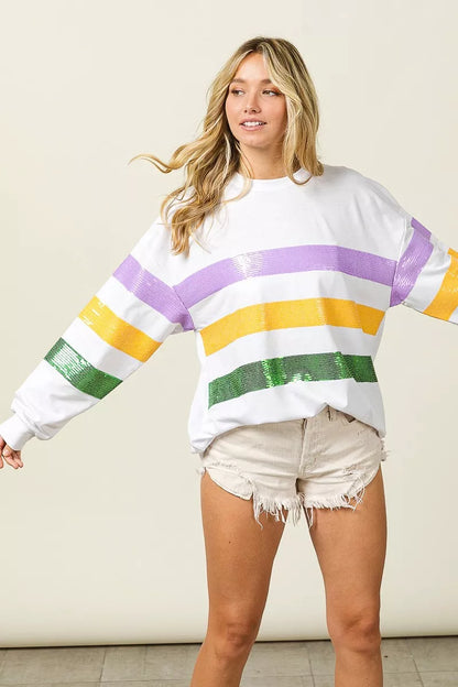 Bibi Sequin Mardi Gras Striped Round Neck Sweatshirt view 9 - Bibi Sequin Sweater (top)