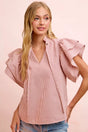 Bibi Twill Striped Ruffle Sleeve Blouse