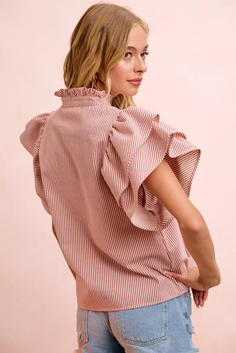 bibi twill striped Bibi Twill Striped Ruffle Sleeve Blouse view 4 (top) - shop at us.meeeshop