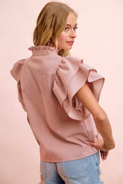 bibi twill striped Bibi Twill Striped Ruffle Sleeve Blouse view 4 (top) - shop at us.meeeshop