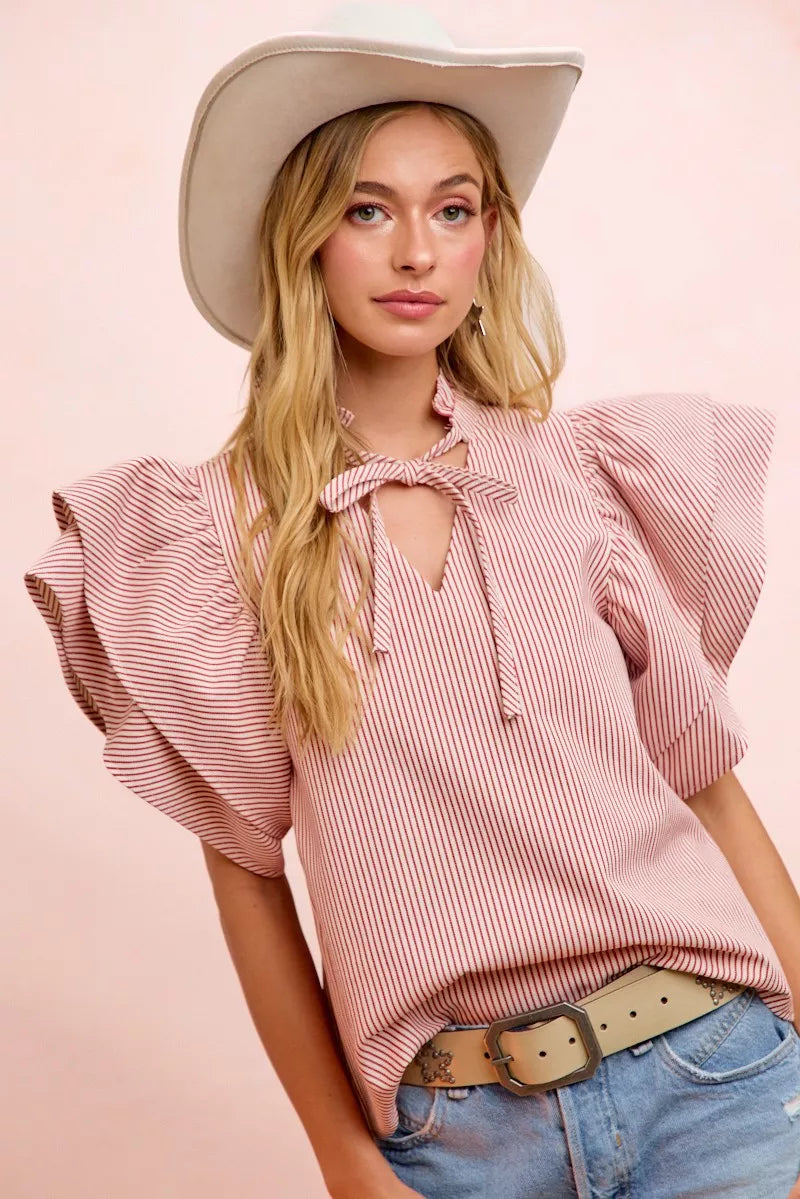 bibi twill striped Bibi Twill Striped Ruffle Sleeve Blouse view 5 (top) - shop at us.meeeshop