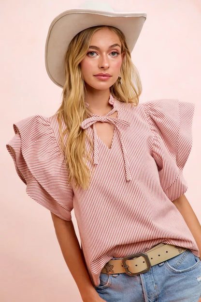 bibi twill striped Bibi Twill Striped Ruffle Sleeve Blouse view 5 (top) - shop at us.meeeshop