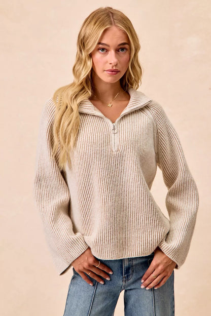 Bibi Two Tone Rib Texured Knit Collared Top with Zip Up in TAUPE - Fall Wardrobe Essential - Zip Top
