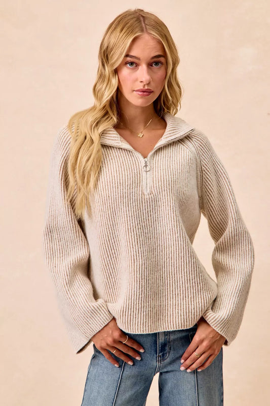 Bibi Two Tone Rib Texured Knit Collared Top with Zip Up in TAUPE - Fall Wardrobe Essential - Zip Top
