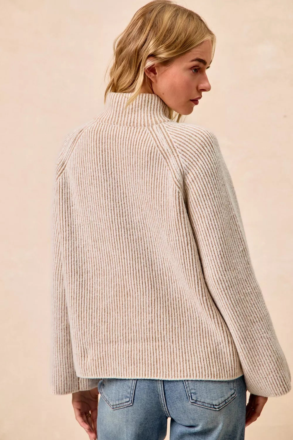 Bibi Two Tone Rib Texured Knit Collared Top with Zip Up view 11 - Fall Wardrobe Essential - Zip Top