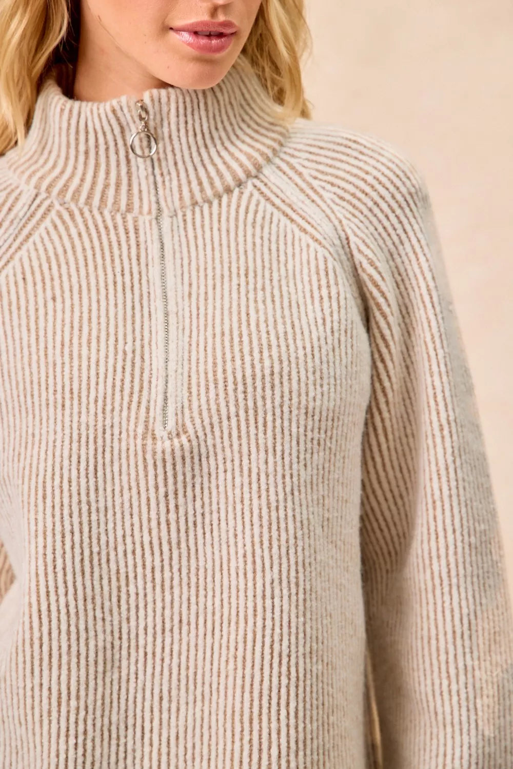 Bibi Two Tone Rib Texured Knit Collared Top with Zip Up view 12 - Fall Wardrobe Essential - Zip Top