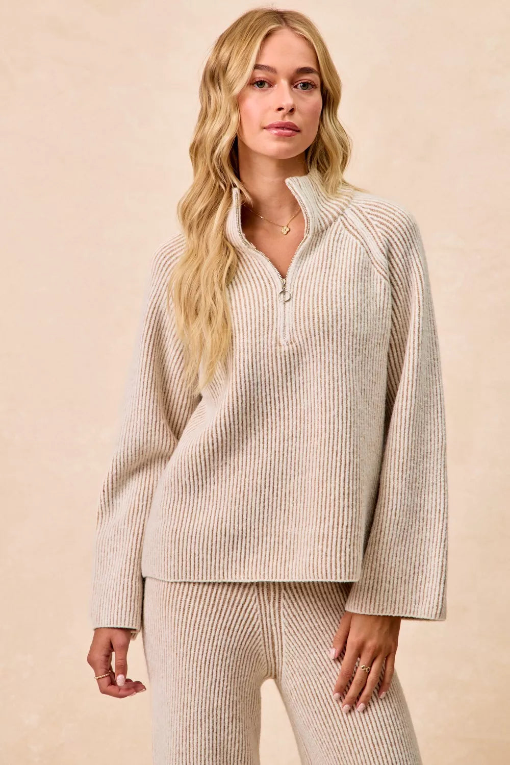 Bibi Two Tone Rib Texured Knit Collared Top with Zip Up view 13 - Fall Wardrobe Essential - Zip Top