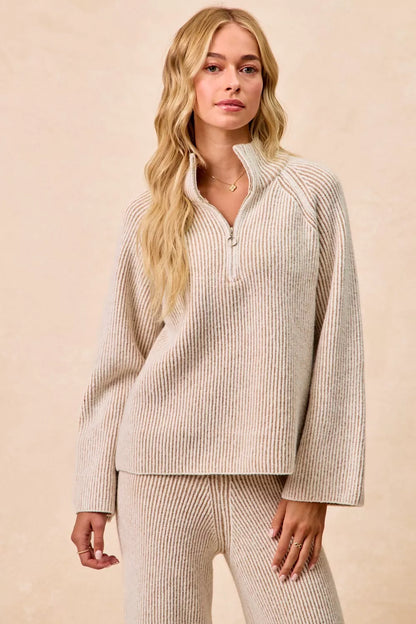 Bibi Two Tone Rib Texured Knit Collared Top with Zip Up view 13 - Fall Wardrobe Essential - Zip Top