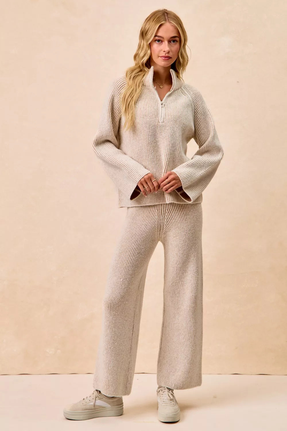 Bibi Two Tone Rib Texured Knit Collared Top with Zip Up view 16 - Fall Wardrobe Essential - Zip Top