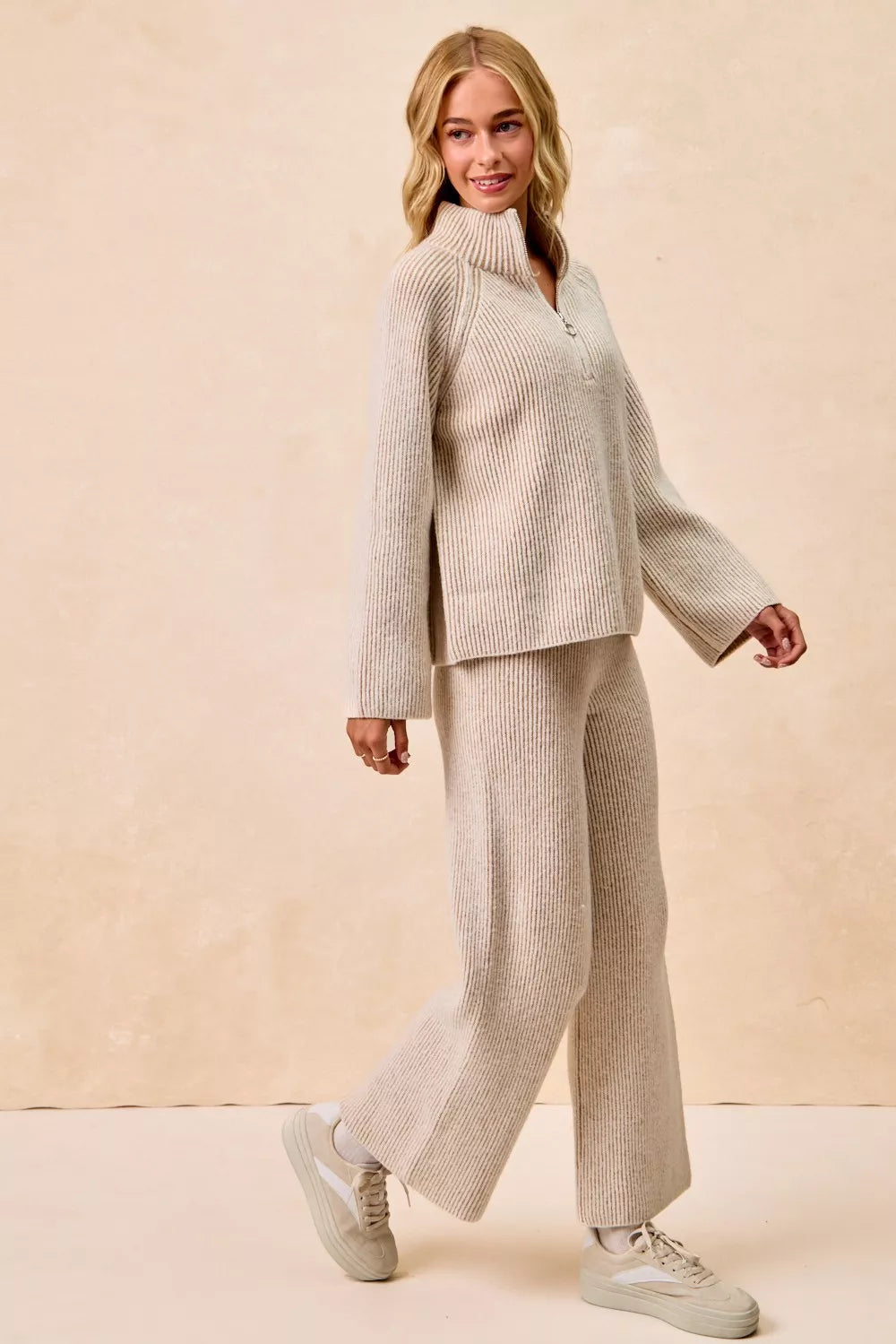 Bibi Two Tone Rib Texured Knit Collared Top with Zip Up view 17 - Fall Wardrobe Essential - Zip Top