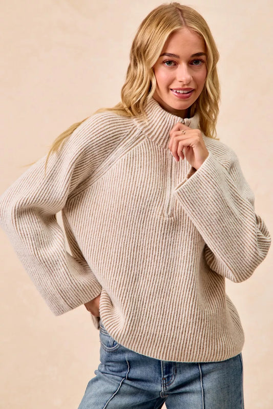 Bibi Two Tone Rib Texured Knit Collared Top with Zip Up in TAUPE view 2 - Fall Wardrobe Essential - Zip Top