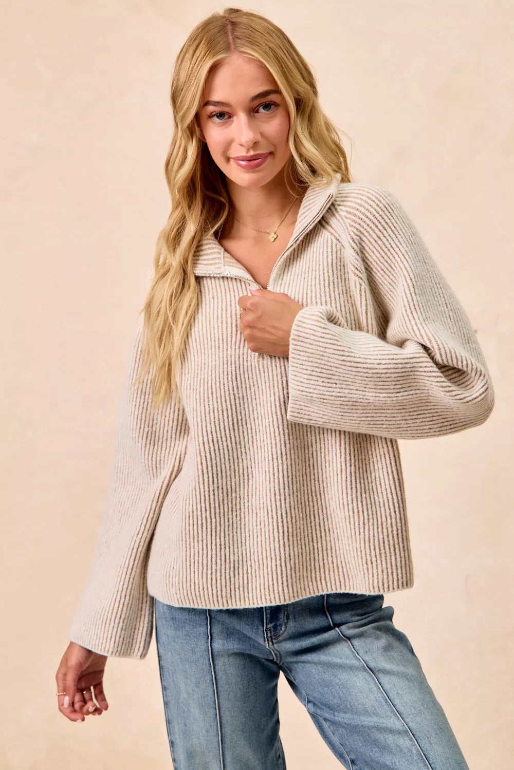 Bibi Two Tone Rib Texured Knit Collared Top with Zip Up view 6 - Fall Wardrobe Essential - Zip Top