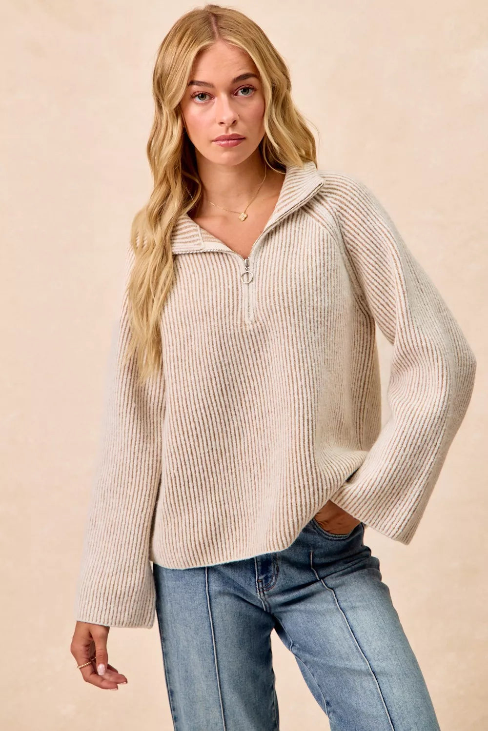 Bibi Two Tone Rib Texured Knit Collared Top with Zip Up view 7 - Fall Wardrobe Essential - Zip Top