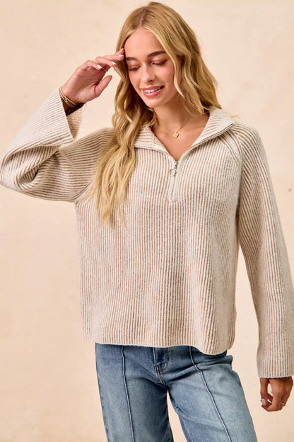 Bibi Two Tone Rib Texured Knit Collared Top with Zip Up view 8 - Fall Wardrobe Essential - Zip Top