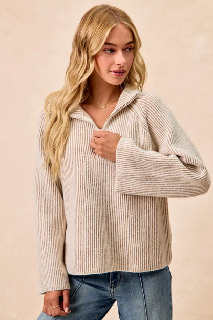 Bibi Two Tone Rib Texured Knit Collared Top with Zip Up view 9 - Fall Wardrobe Essential - Zip Top