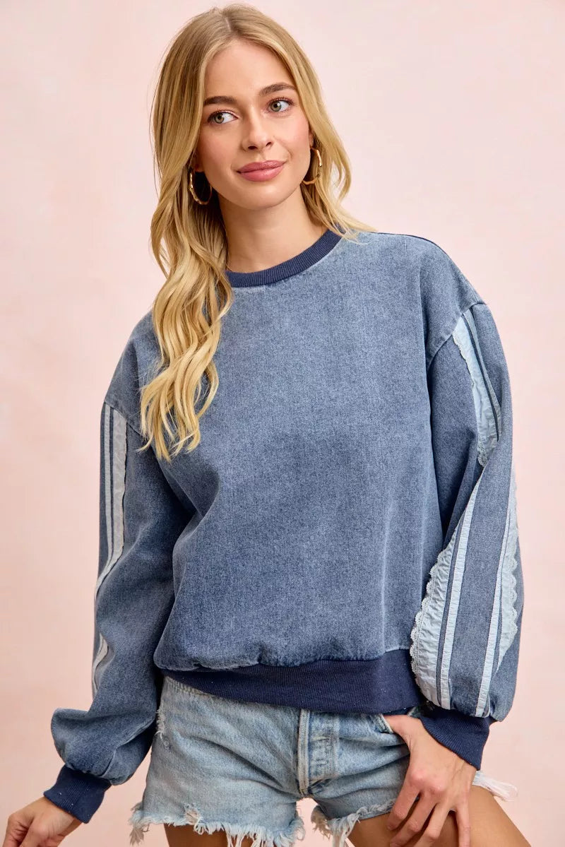 Bibi Washed Denim Lace Contrast Sided Sweatshirt DENIM (top) - sided sweatshirt, contrast sided sweatsh - shop at us.meeeshop