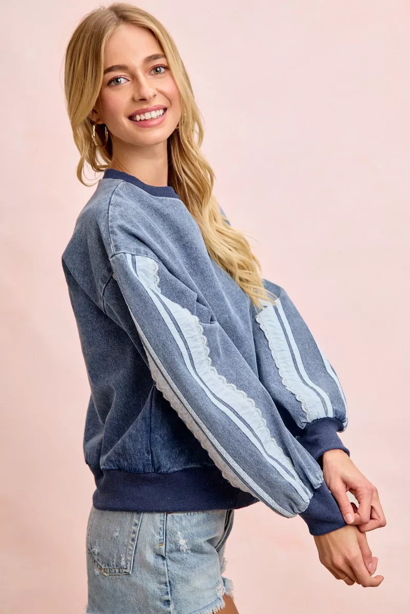 Bibi Washed Denim Lace Contrast Sided Sweatshirt DENIM view 2 (top) - sided sweatshirt, contrast sided  - shop at us.meeeshop
