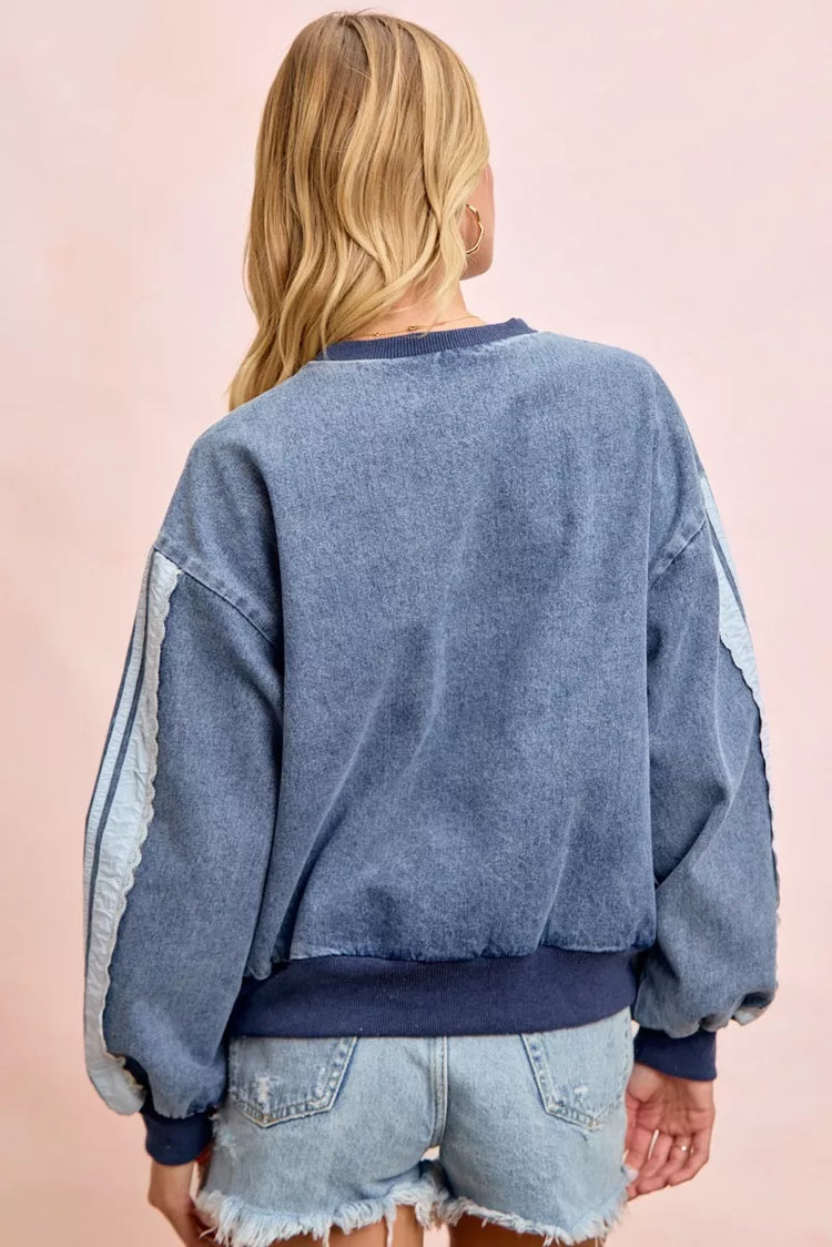 Bibi Washed Denim Lace Contrast Sided Sweatshirt DENIM view 3 (top) - sided sweatshirt, contrast sided  - shop at us.meeeshop