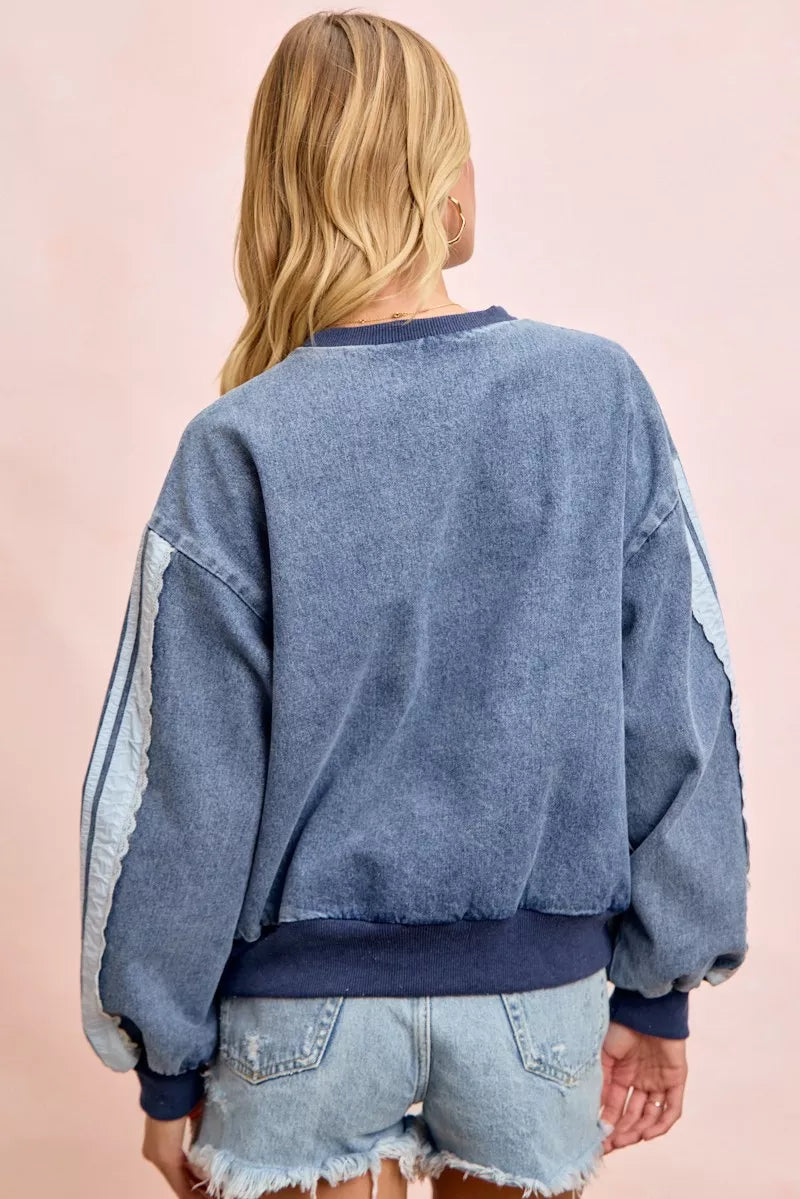 Bibi Washed Denim Lace Contrast Sided Sweatshirt DENIM view 3 (top) - sided sweatshirt, contrast sided  - shop at us.meeeshop