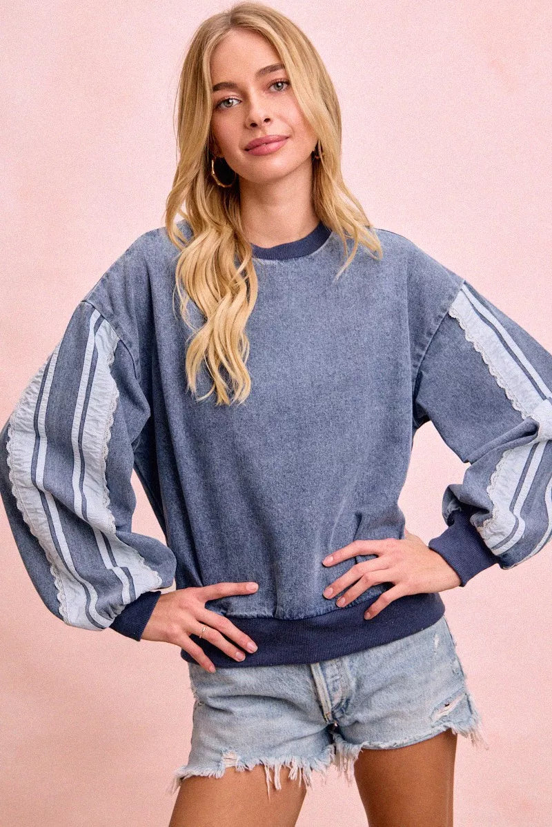 Bibi Washed Denim Lace Contrast Sided Sweatshirt DENIM view 4 (top) - sided sweatshirt, contrast sided  - shop at us.meeeshop