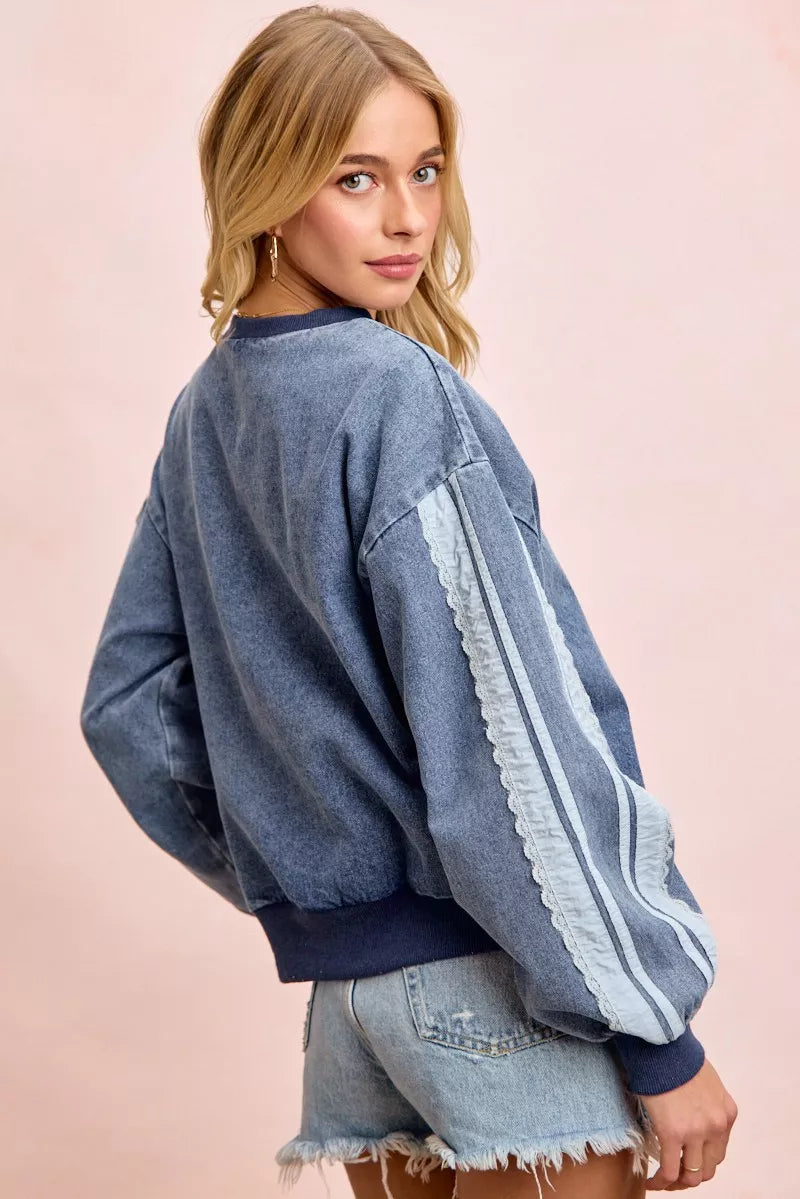 Bibi Washed Denim Lace Contrast Sided Sweatshirt view 11 (top) - sided sweatshirt, contrast sided sweat - shop at us.meeeshop
