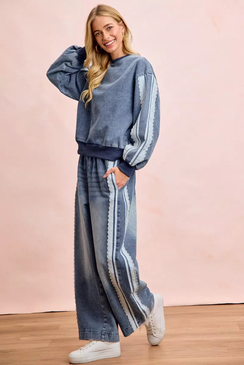Bibi Washed Denim Lace Contrast Sided Sweatshirt view 14 (top) - sided sweatshirt, contrast sided sweat - shop at us.meeeshop