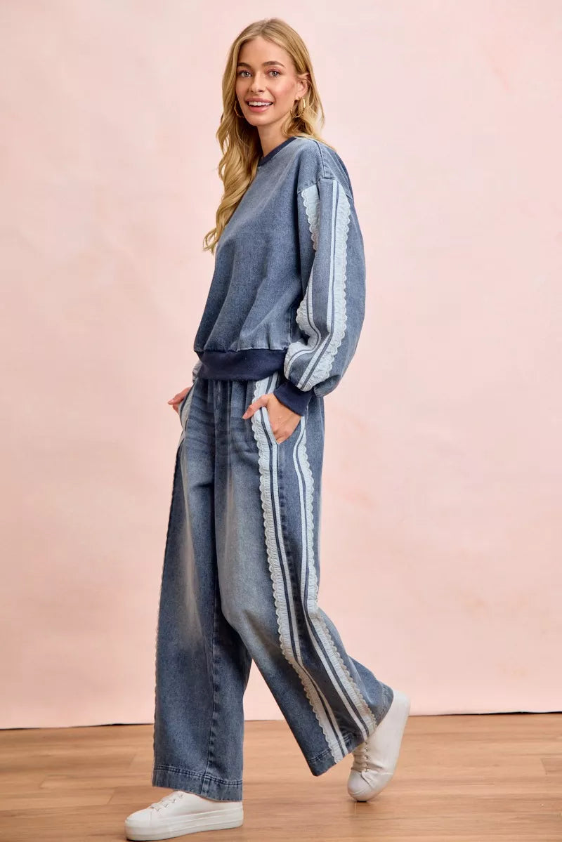 Bibi Washed Denim Lace Contrast Sided Sweatshirt view 15 (top) - sided sweatshirt, contrast sided sweat - shop at us.meeeshop