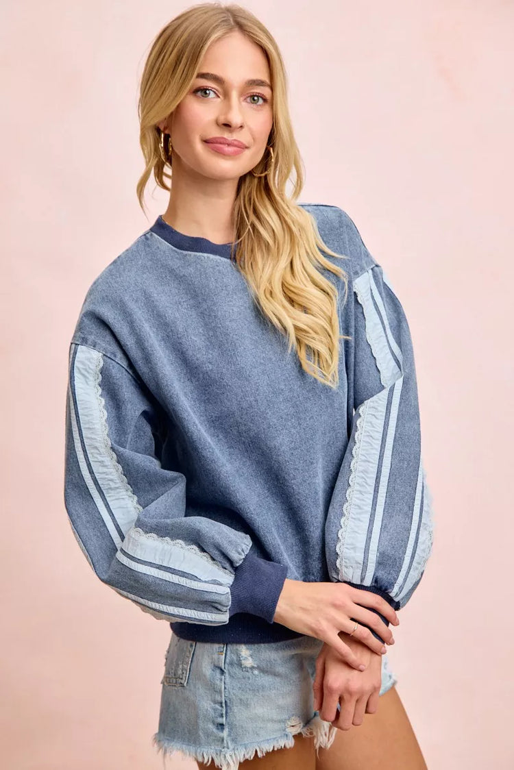 Bibi Washed Denim Lace Contrast Sided Sweatshirt view 5 (top) - sided sweatshirt, contrast sided sweats - shop at us.meeeshop
