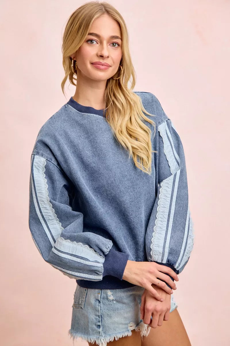 Bibi Washed Denim Lace Contrast Sided Sweatshirt view 5 (top) - sided sweatshirt, contrast sided sweats - shop at us.meeeshop