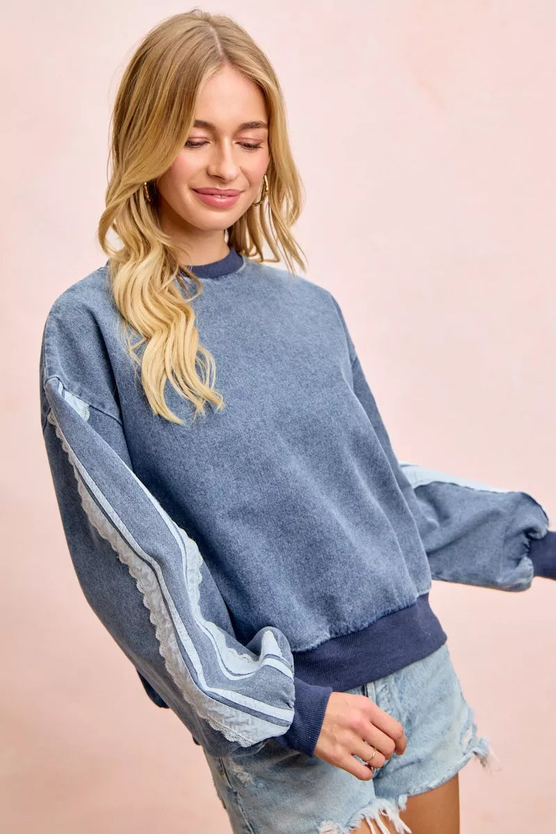 Bibi Washed Denim Lace Contrast Sided Sweatshirt view 6 (top) - sided sweatshirt, contrast sided sweats - shop at us.meeeshop