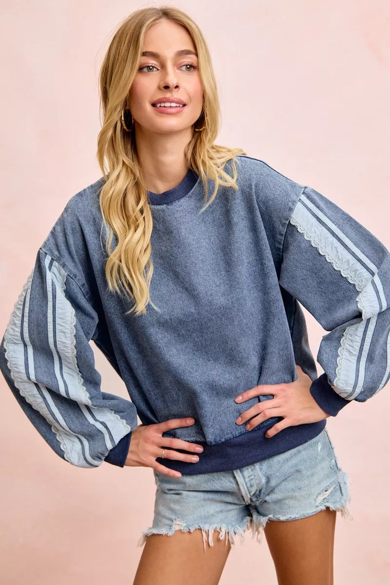 Bibi Washed Denim Lace Contrast Sided Sweatshirt view 7 (top) - sided sweatshirt, contrast sided sweats - shop at us.meeeshop