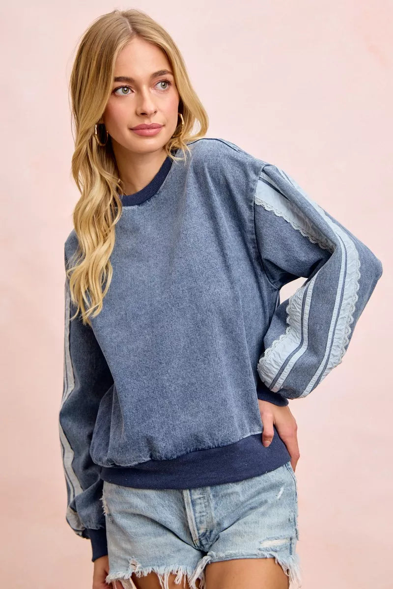 Bibi Washed Denim Lace Contrast Sided Sweatshirt view 8 (top) - sided sweatshirt, contrast sided sweats - shop at us.meeeshop