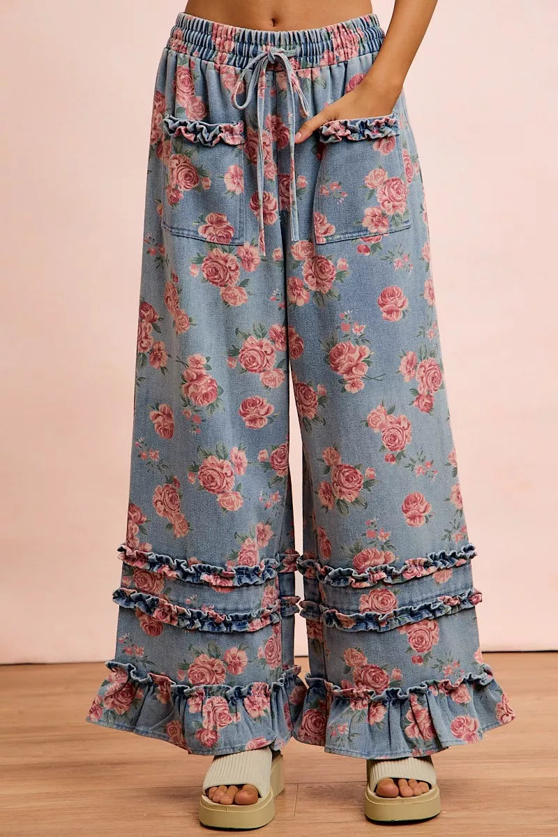 Bibi Washed Floral Denim with Ruffle Elastic Wide Pants WASHED DENIM (bottom) - wide pants, elastic wid - shop at us.meeeshop