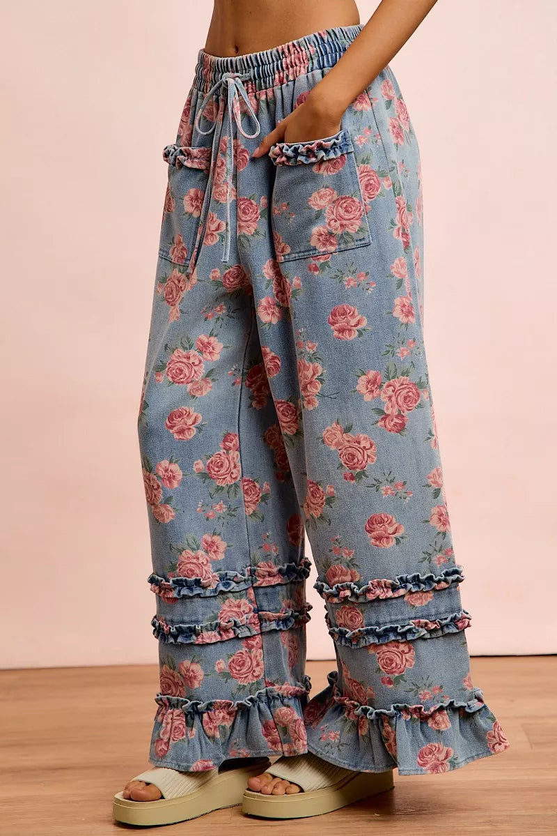 Bibi Washed Floral Denim with Ruffle Elastic Wide Pants WASHED DENIM view 2 (bottom) - wide pants, elas - shop at us.meeeshop