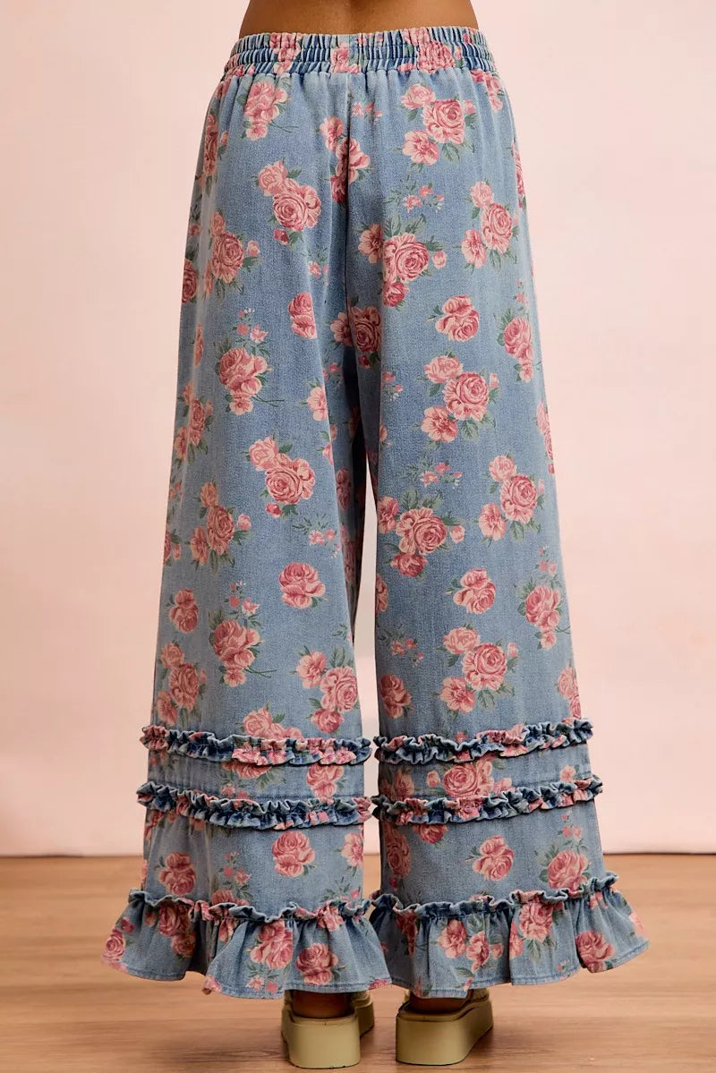 Bibi Washed Floral Denim with Ruffle Elastic Wide Pants WASHED DENIM view 3 (bottom) - wide pants, elas - shop at us.meeeshop