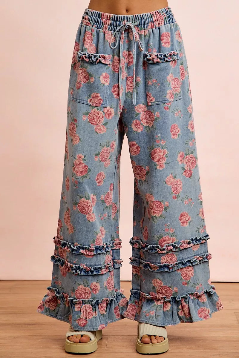 Bibi Washed Floral Denim with Ruffle Elastic Wide Pants WASHED DENIM view 4 (bottom) - wide pants, elas - shop at us.meeeshop