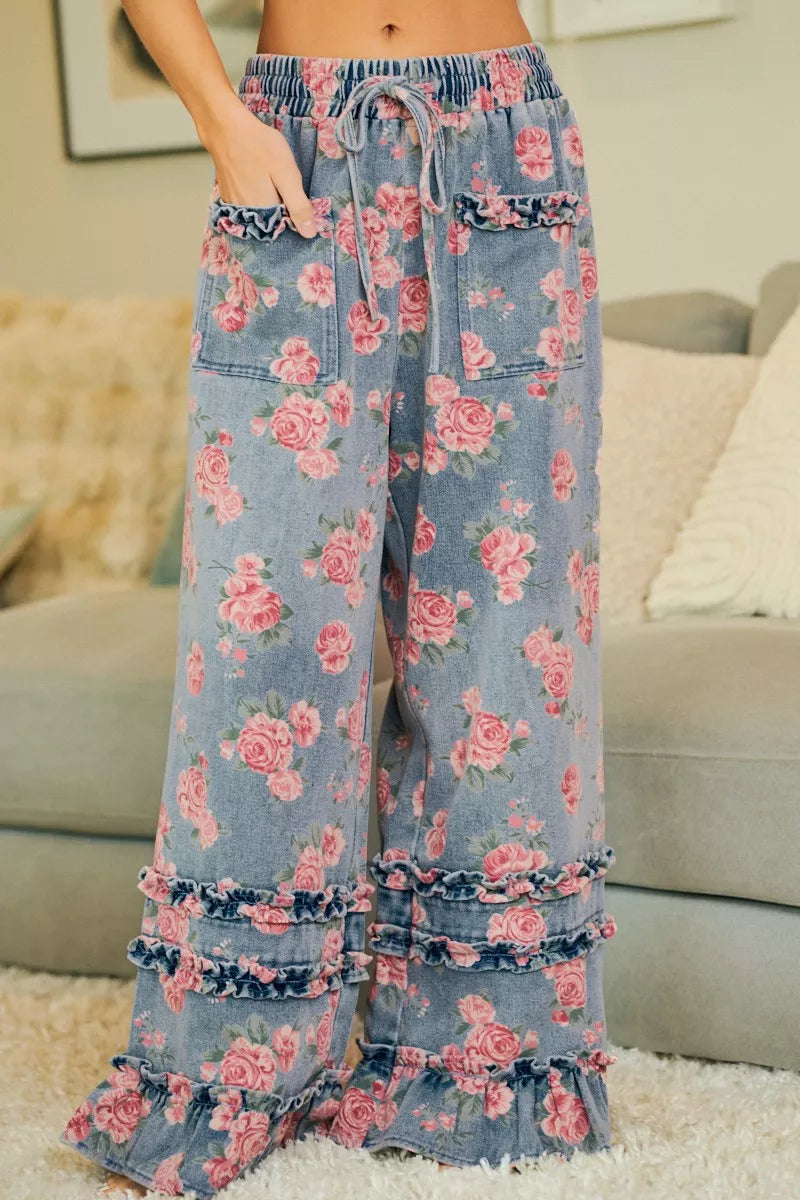 Bibi Washed Floral Denim with Ruffle Elastic Wide Pants view 5 (bottom) - wide pants, elastic wide pant - shop at us.meeeshop