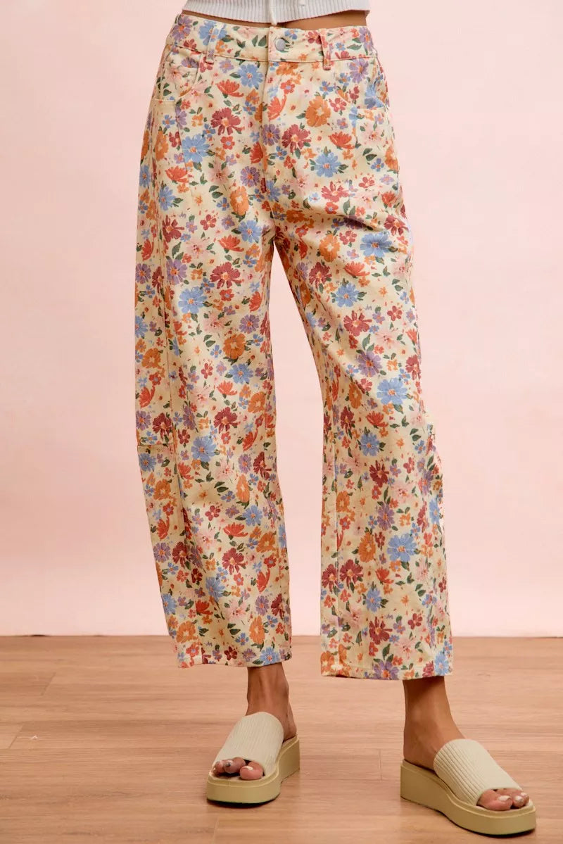 Bibi Washed Floral Printed Twill Barrel Pants CREAM MULTI (bottom) - barrel pants, twill barrel pants - shop at us.meeeshop