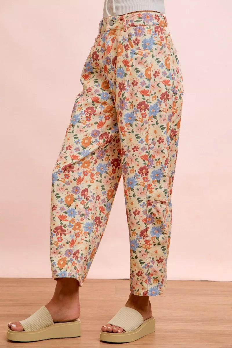 Bibi Washed Floral Printed Twill Barrel Pants CREAM MULTI view 2 (bottom) - barrel pants, twill barrel  - shop at us.meeeshop