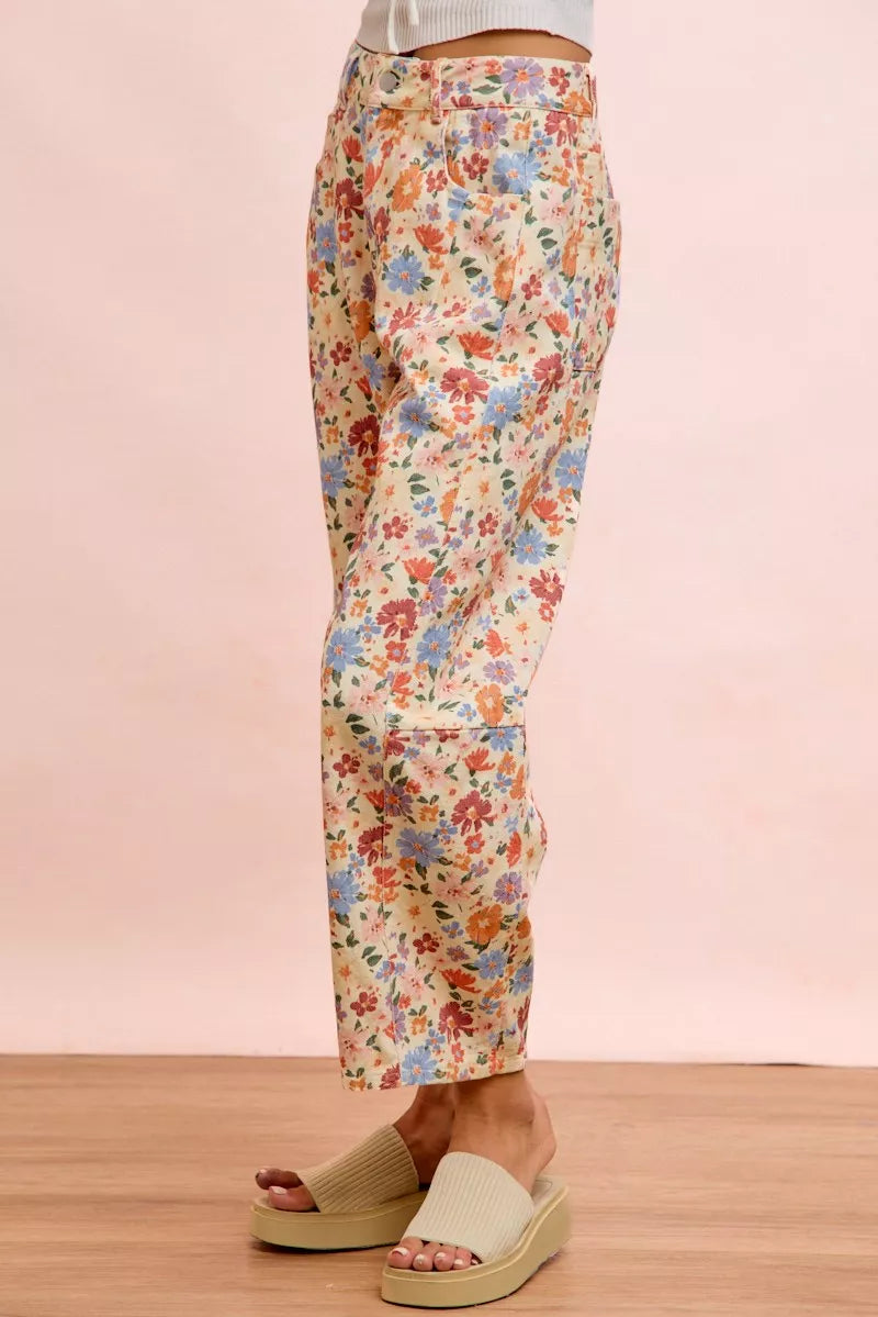 Bibi Washed Floral Printed Twill Barrel Pants CREAM MULTI view 3 (bottom) - barrel pants, twill barrel  - shop at us.meeeshop