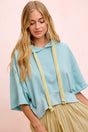 Bibi Washed Terry Short Sleeve Drawstring Hoodie Top