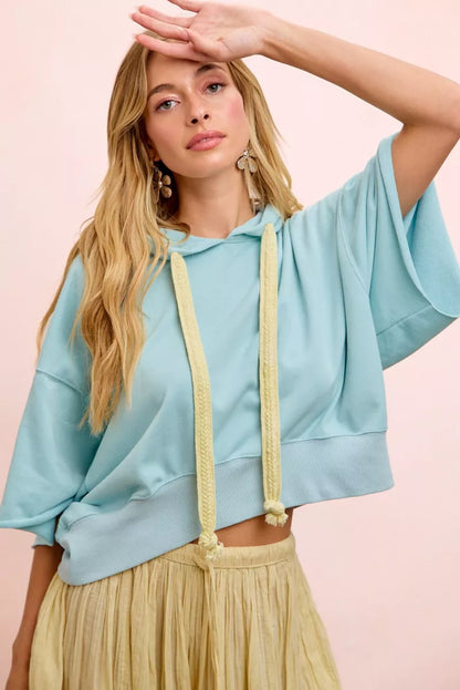 bibi washed terry Bibi Washed Terry Short Sleeve Drawstring Hoodie Top view 11 (top) - shop at us.meeeshop