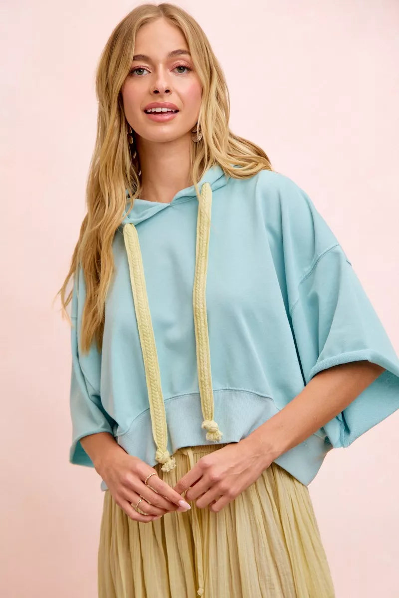Bibi Washed Terry Short Sleeve Drawstring Hoodie Top view 12 (top) - top hoodie, drawstring top hoodie - shop at us.meeeshop
