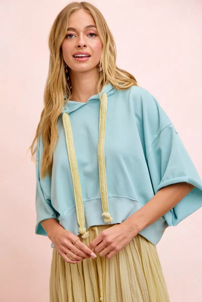 bibi washed terry Bibi Washed Terry Short Sleeve Drawstring Hoodie Top view 12 (top) - shop at us.meeeshop