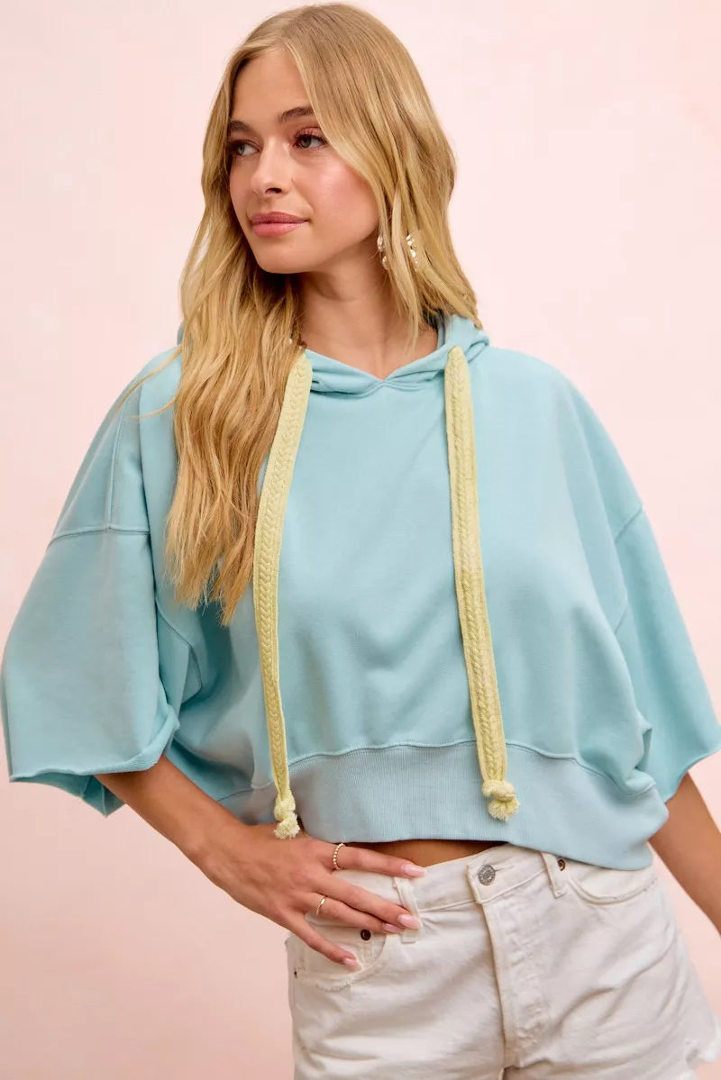 bibi washed terry Bibi Washed Terry Short Sleeve Drawstring Hoodie Top view 13 (top) - shop at us.meeeshop