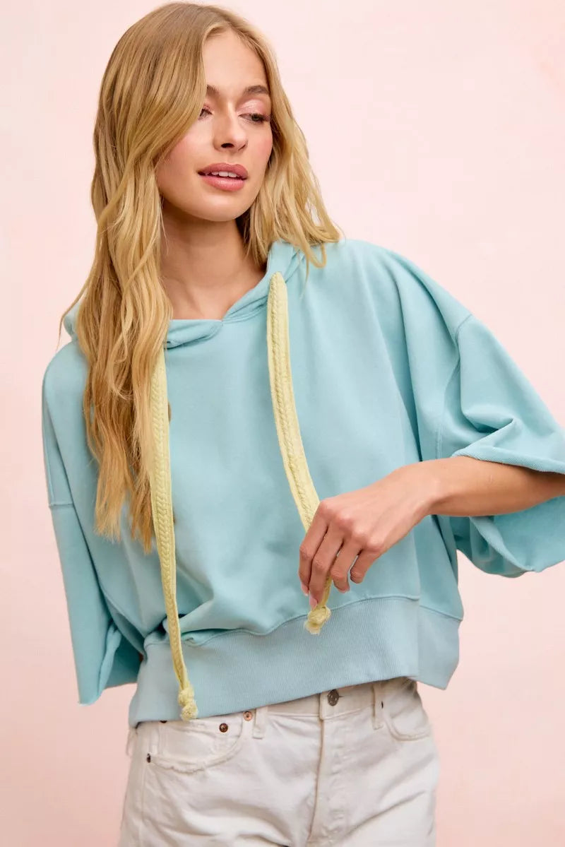 bibi washed terry Bibi Washed Terry Short Sleeve Drawstring Hoodie Top view 16 (top) - shop at us.meeeshop