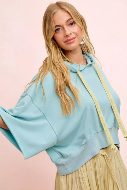 bibi washed terry Bibi Washed Terry Short Sleeve Drawstring Hoodie Top view 2 (top) - shop at us.meeeshop