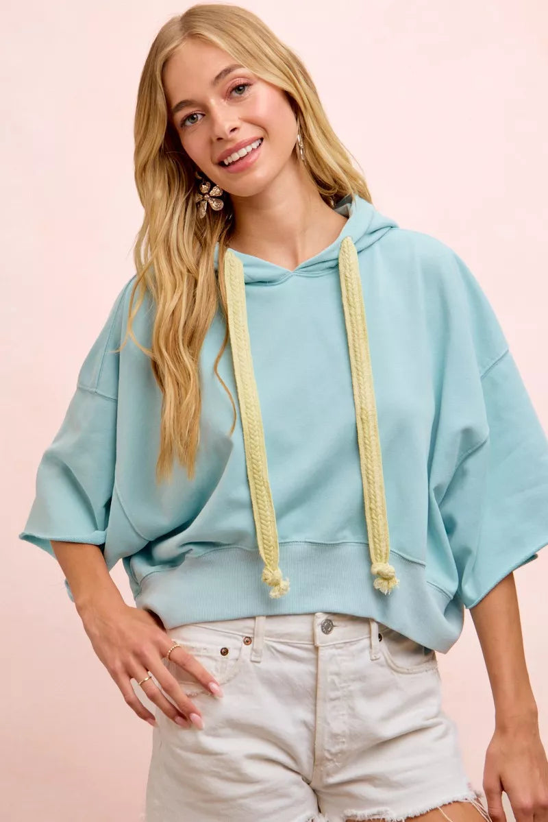 bibi washed terry Bibi Washed Terry Short Sleeve Drawstring Hoodie Top view 20 (top) - shop at us.meeeshop