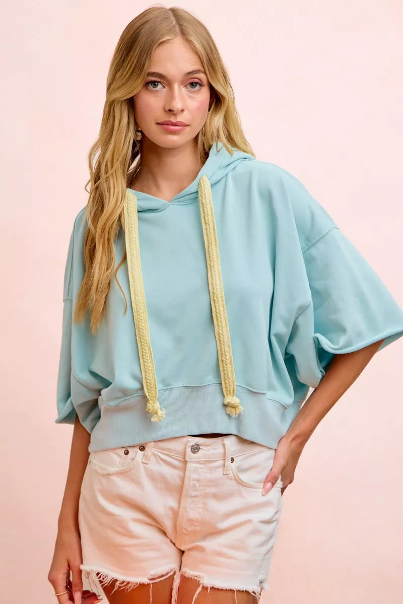 Bibi Washed Terry Short Sleeve Drawstring Hoodie Top view 21 (top) - top hoodie, drawstring top hoodie - shop at us.meeeshop